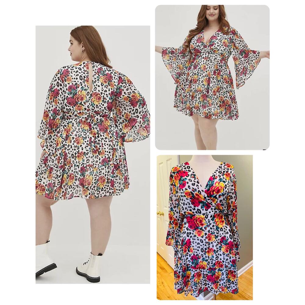 Torrid 2 (2X) New Betsey Johnson White Leopard Chiffon Floral Bell Sleeve Dress
